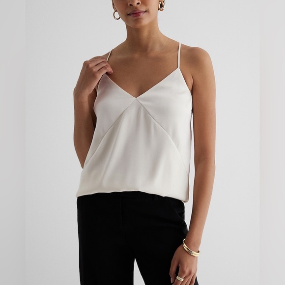 Express Cream Satin Seamed V-Neck Cross-Back Downtown Cami Size L - Picture 5 of 7